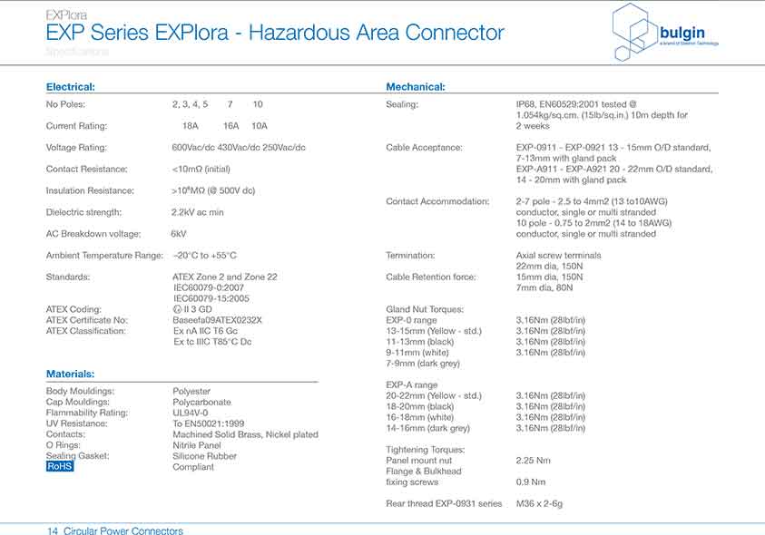 防爆系列連接器EXP-0931技術參數(shù)
